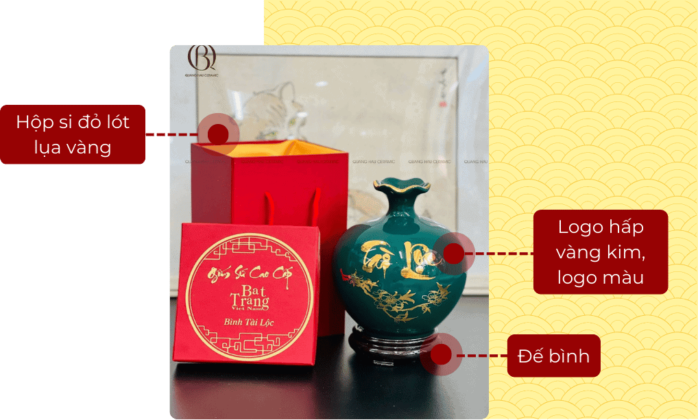 thiết kế hộp quà tặng doanh nghiệp gốm sứ Bát Tràng Quang Hậu Ceramic gồm hộp, in logo, đế bình