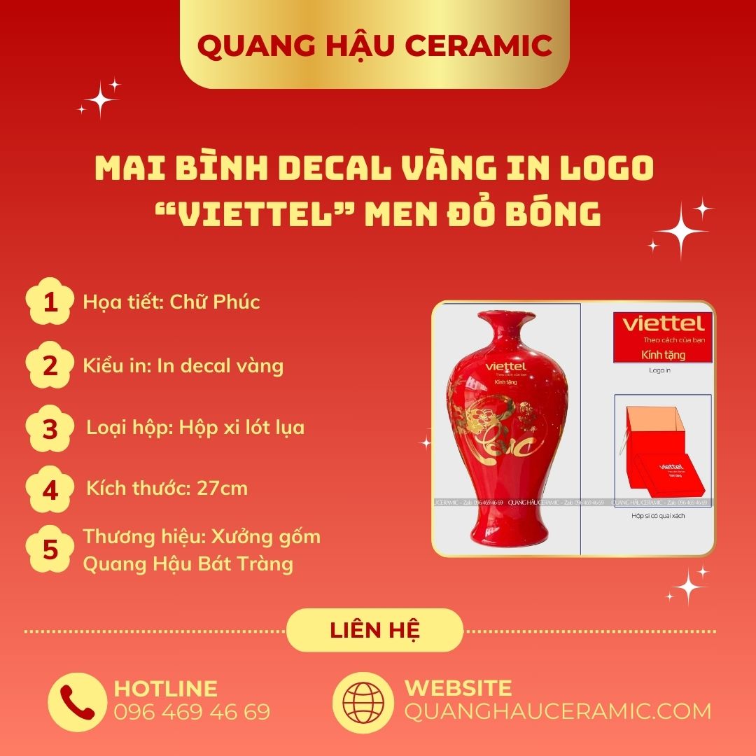 Mai Bình Decal Vàng men Đỏ bóng – Viettel Ninh Thuận 1 Chi tiết lớp decal vàng đỏ bóng trên mai bình Viettel Ninh Thuận.