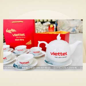 Bộ ấm chén decal nhiệt trắng bóng, quà tặng doanh nghiệp Viettel.