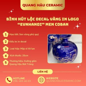 Cận cảnh họa tiết decal vàng trên men coban bình hút lộc EVNHANOI.
