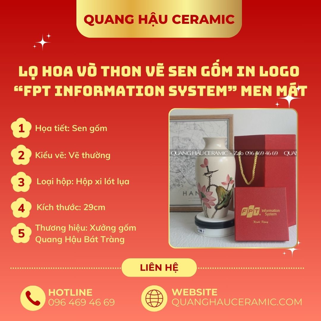 Lọ hoa Thon Vẽ thường men Gốm – FPT Information System Corporation 1 Cận cảnh nét vẽ tay trên lọ hoa gốm thon FPT Information System.