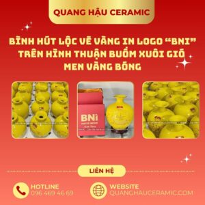 Cận cảnh lớp decal vàng vàng bóng trên bình hút lộc BNI Chapter Emperor.