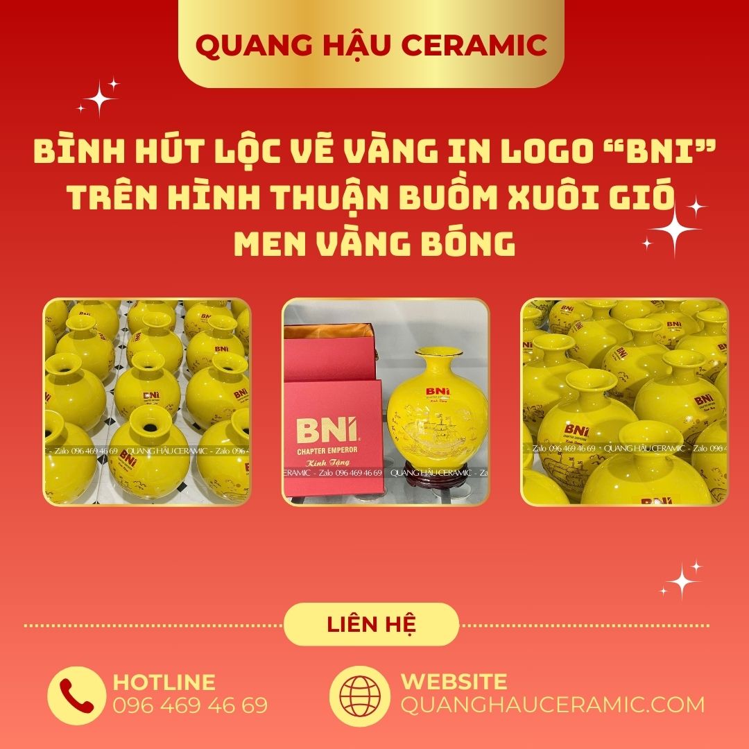 Bình hút lộc Decal Vàng men Vàng bóng – BNI Chapter Emperor 1 Cận cảnh lớp decal vàng vàng bóng trên bình hút lộc BNI Chapter Emperor.