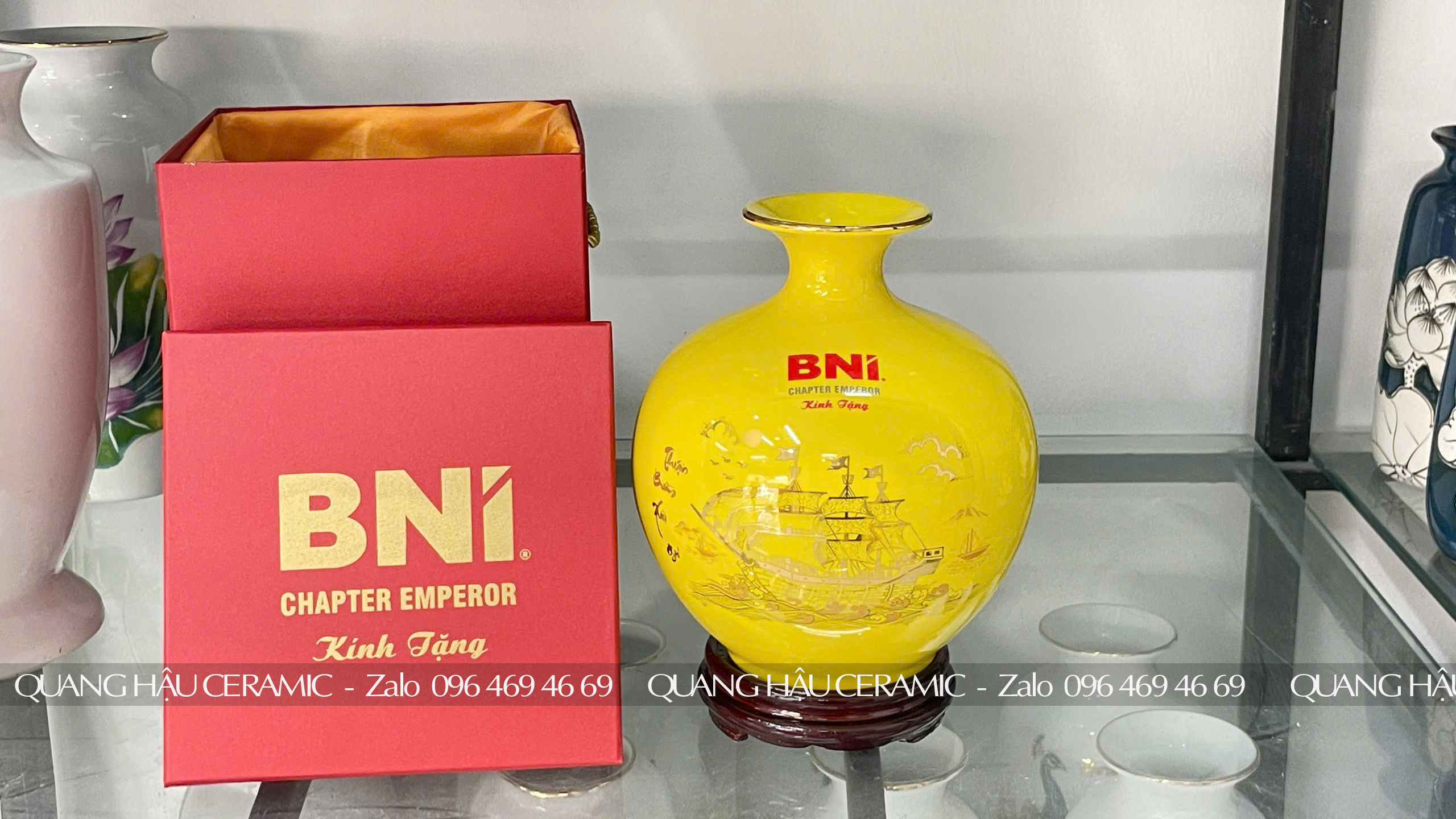 Bình hút lộc Decal Vàng men Vàng bóng – BNI Chapter Emperor 2 Bình hút lộc vàng bóng kèm hộp quà tặng cao cấp, BNI Emperor.