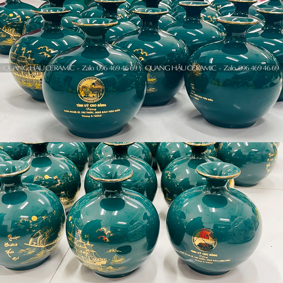 hiều bình hút lộc vàng xanh bộ đội bóng xếp cạnh nhau, quà tặng doanh nghiệp Tỉnh Ủy Cao Bằng.