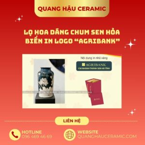 Chi tiết men hỏa biến sương xanh và hoa sen khô thủ công trên lọ hoa chum Agribank Hà Tĩnh.