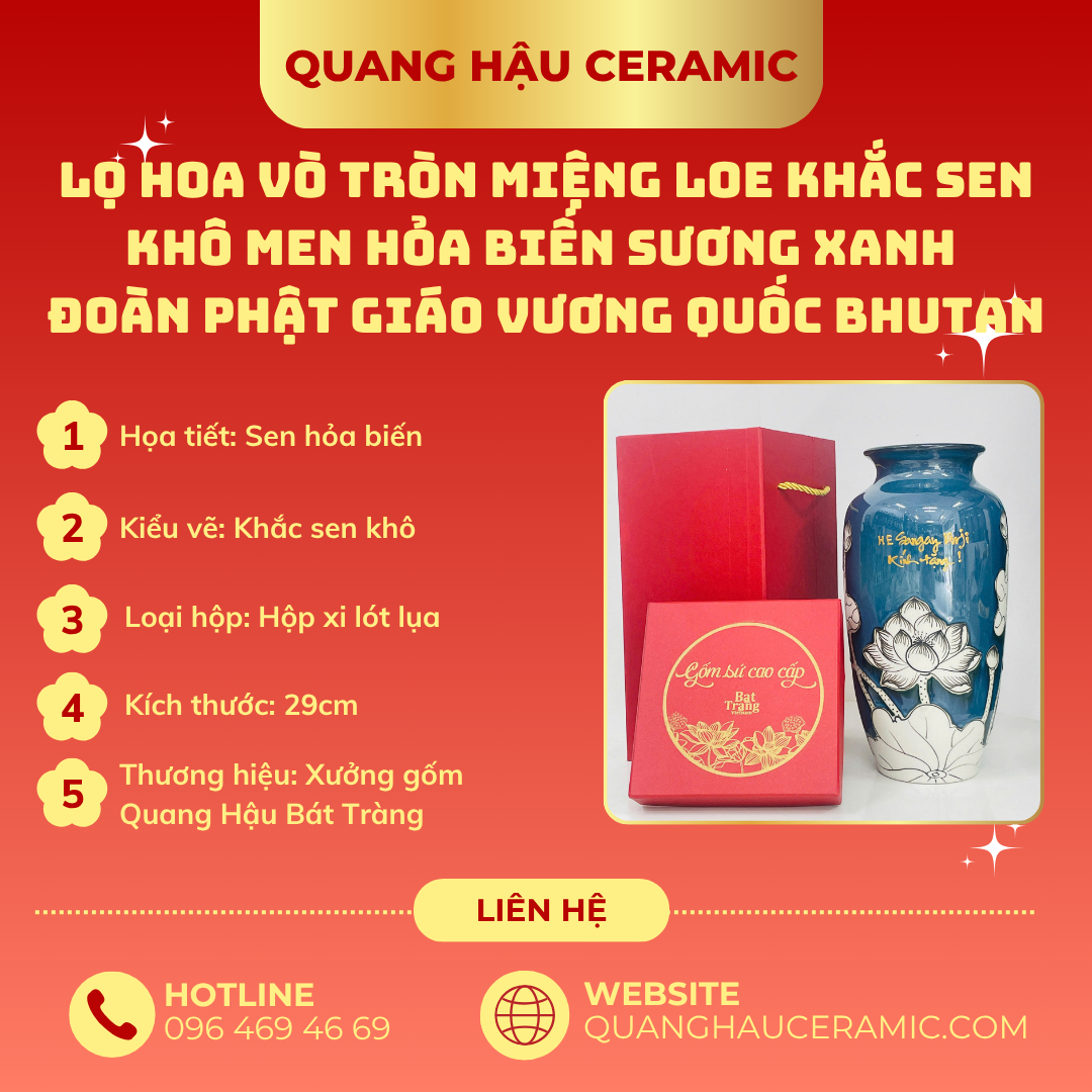 Lọ hoa in logo Đoàn Phật giáo vương quốc Bhutan – Men Hỏa biến sương xanh 1 Chi tiết lọ hoa in logo Đoàn Phật giáo vương quốc Bhutan men Hỏa biến sương xanh dáng Vò thon, cao 28cm