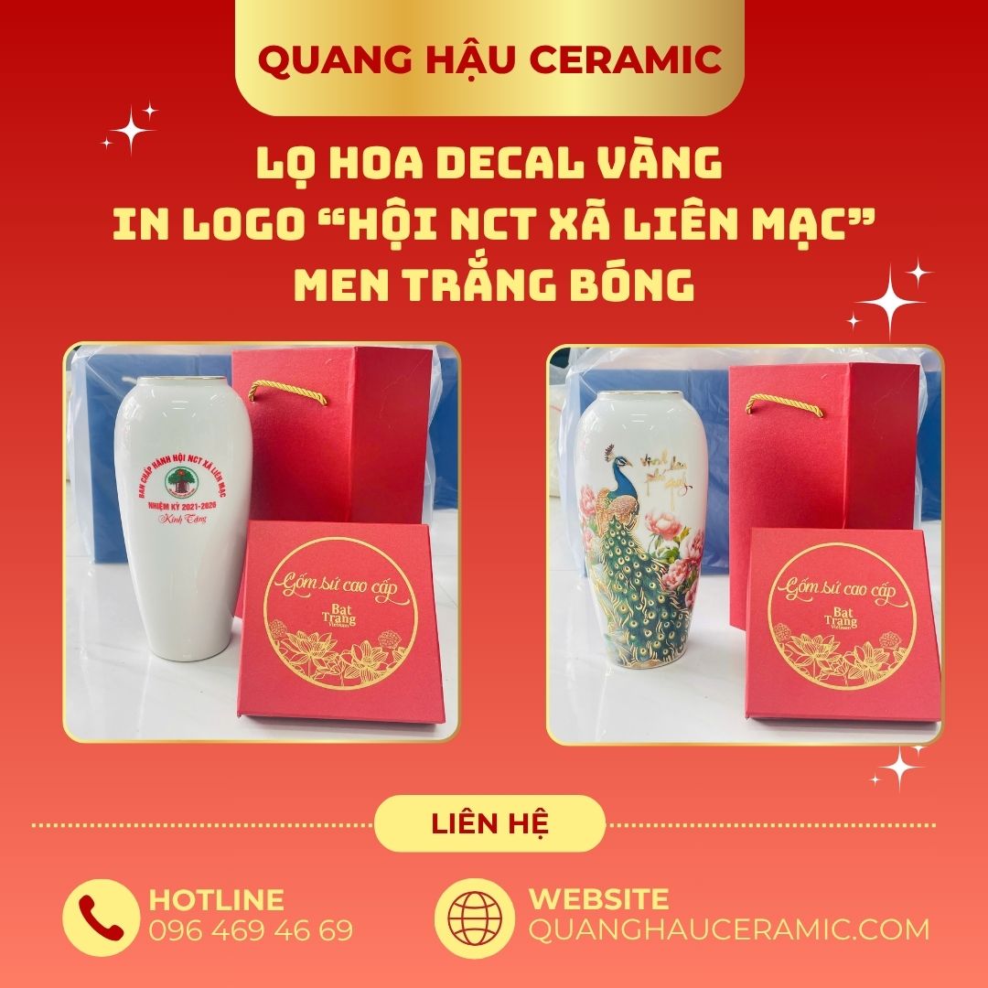 Lọ hoa in logo Hội NCT Xã Liên Mạc với họa tiết chim công phú quý