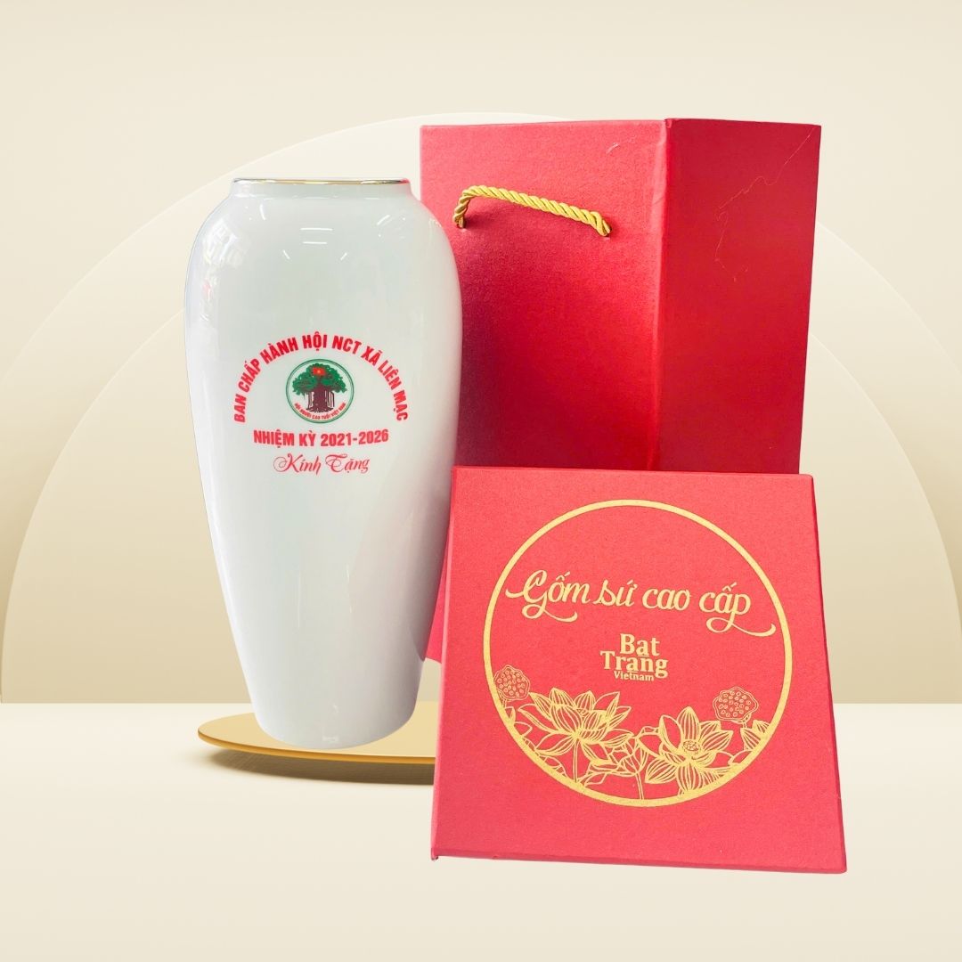 Lọ hoa men trắng bóng in logo Hội NCT Xã Liên Mạc
