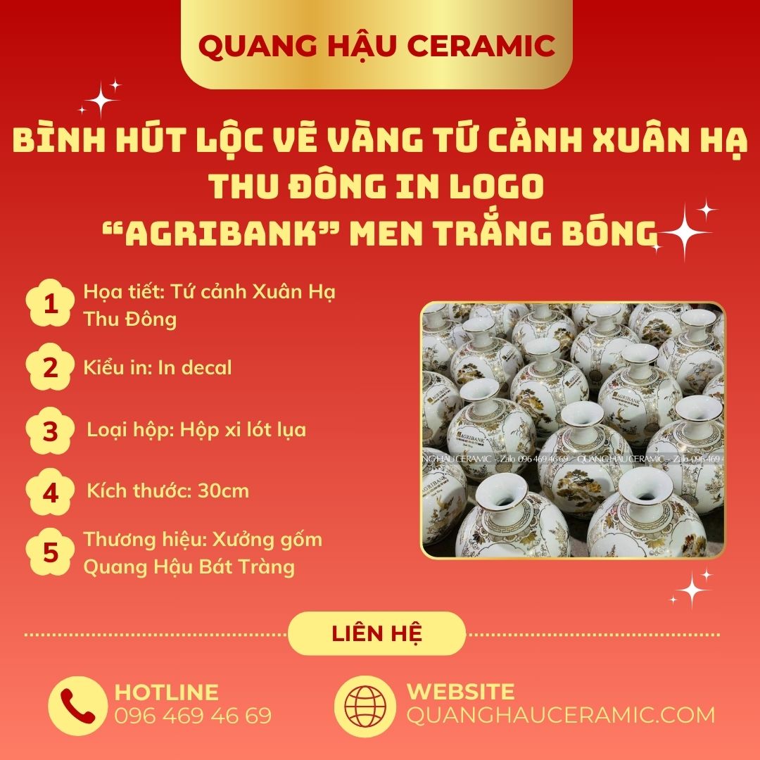 Bình hút lộc Decal Vàng Trắng bóng – Văn Phòng Đại Diện Agribank Khu Vực Tây Nam Bộ 1 Cận cảnh chi tiết decal vàng trắng bóng thủ công trên bình hút lộc Agribank Tây Nam Bộ.