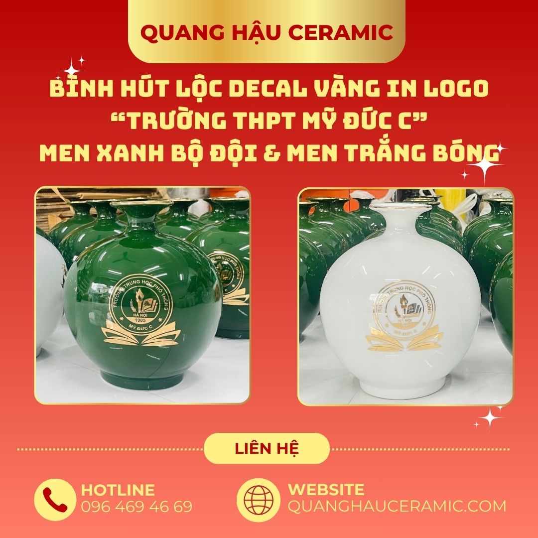 Bình hút lộc in logo Trường THPT Mỹ Đức C - Men xanh bộ đội, Men trắng bóng 1 Thiết kế ghép 2 bình hút lộc in logo Trường THPT Mỹ Đức C