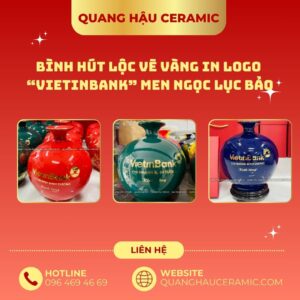 Cận cảnh họa tiết decal vàng thủ công trên bộ 3 bình hút lộc Viettinbank Bình Dương.