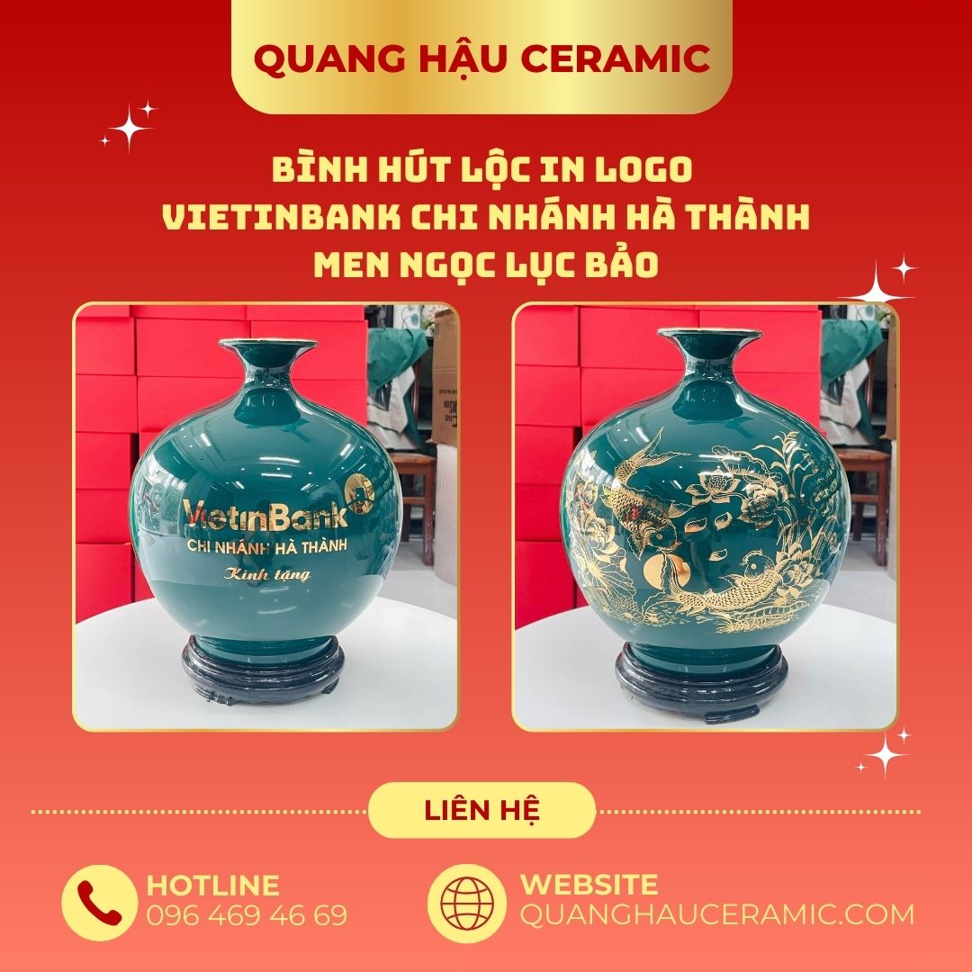 Bình hút lộc in logo Vietinbank Hà Thành men ngọc lục bảo – logo và họa tiết Cá chép trông trăng