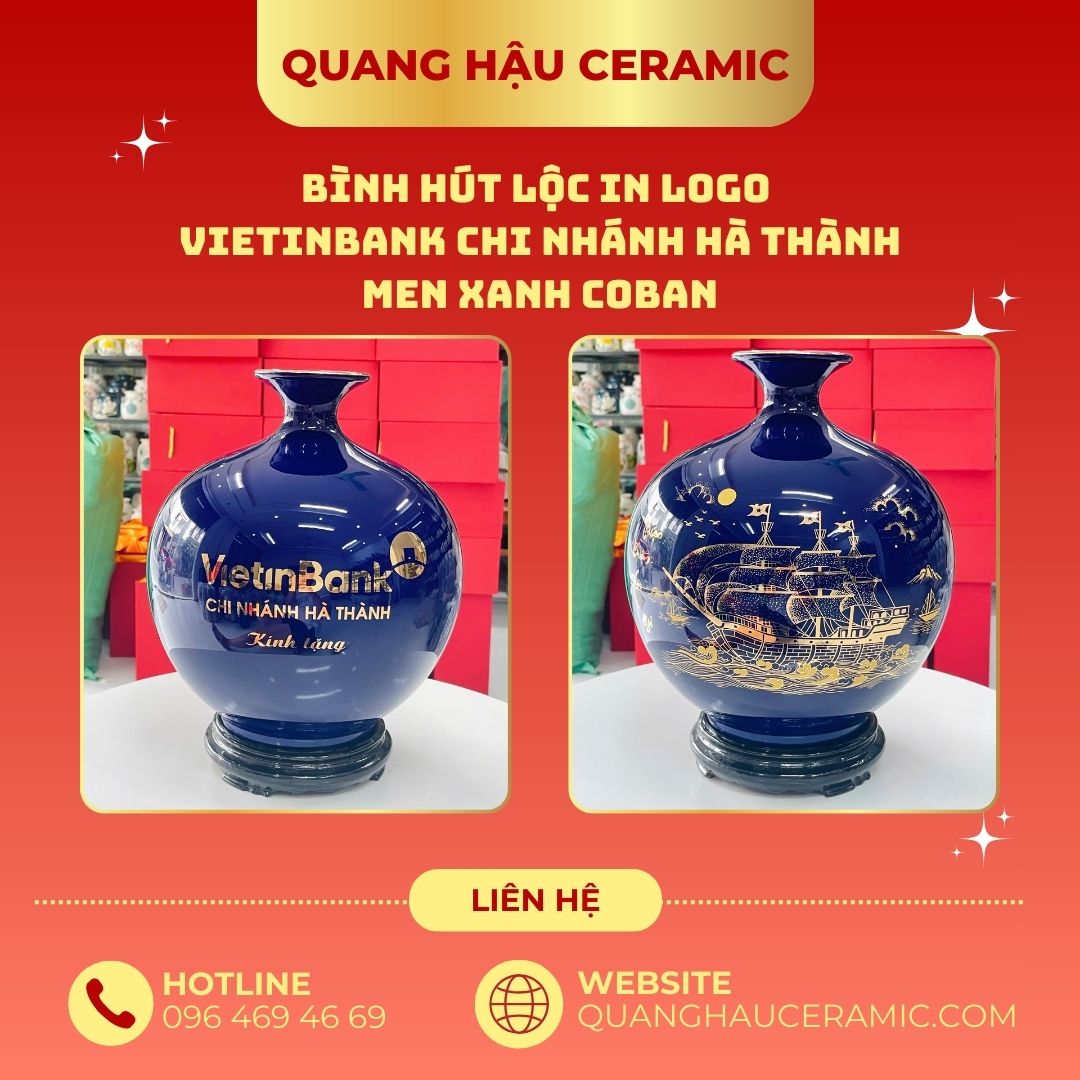 Bình hút lộc Vietinbank Hà Thành men xanh coban – logo và họa tiết Thuận buồm xuôi gió