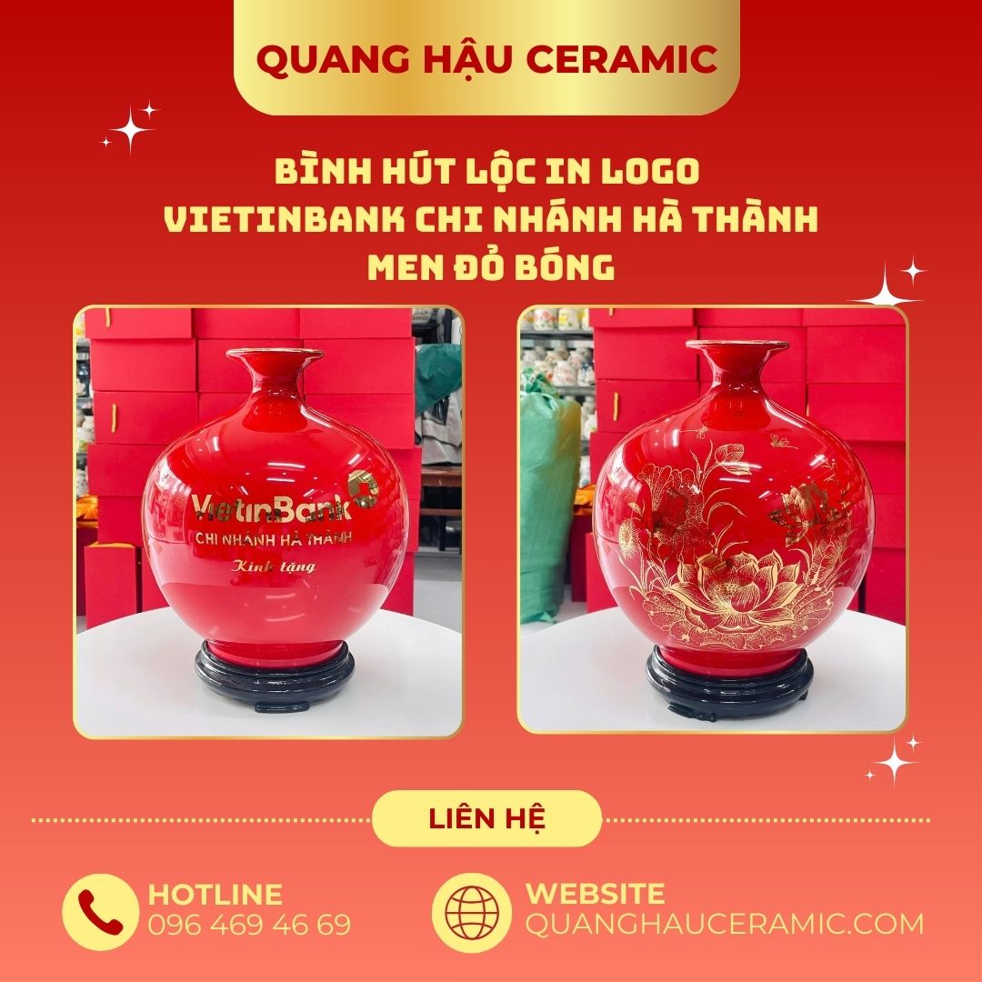 Bình hút lộc in logo Vietinbank Hà Thành men đỏ bóng – logo và họa tiết Sen vàng phú quý