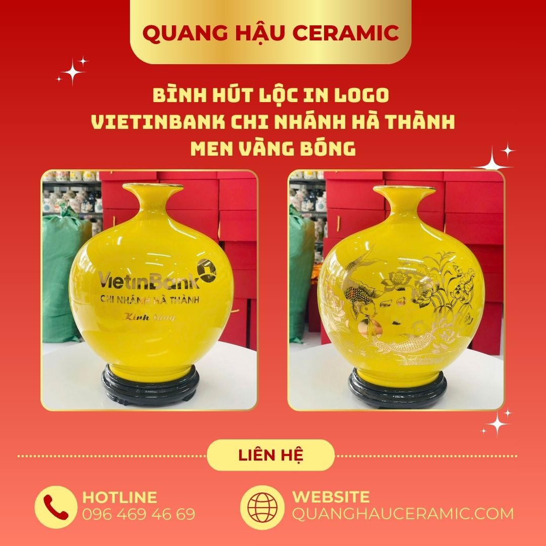 Bình hút lộc Vietinbank Hà Thành men vàng bóng – logo và họa tiết Cá chép trông trăng Title: Bình hút lộc Vietinbank Hà Thành men vàng bóng