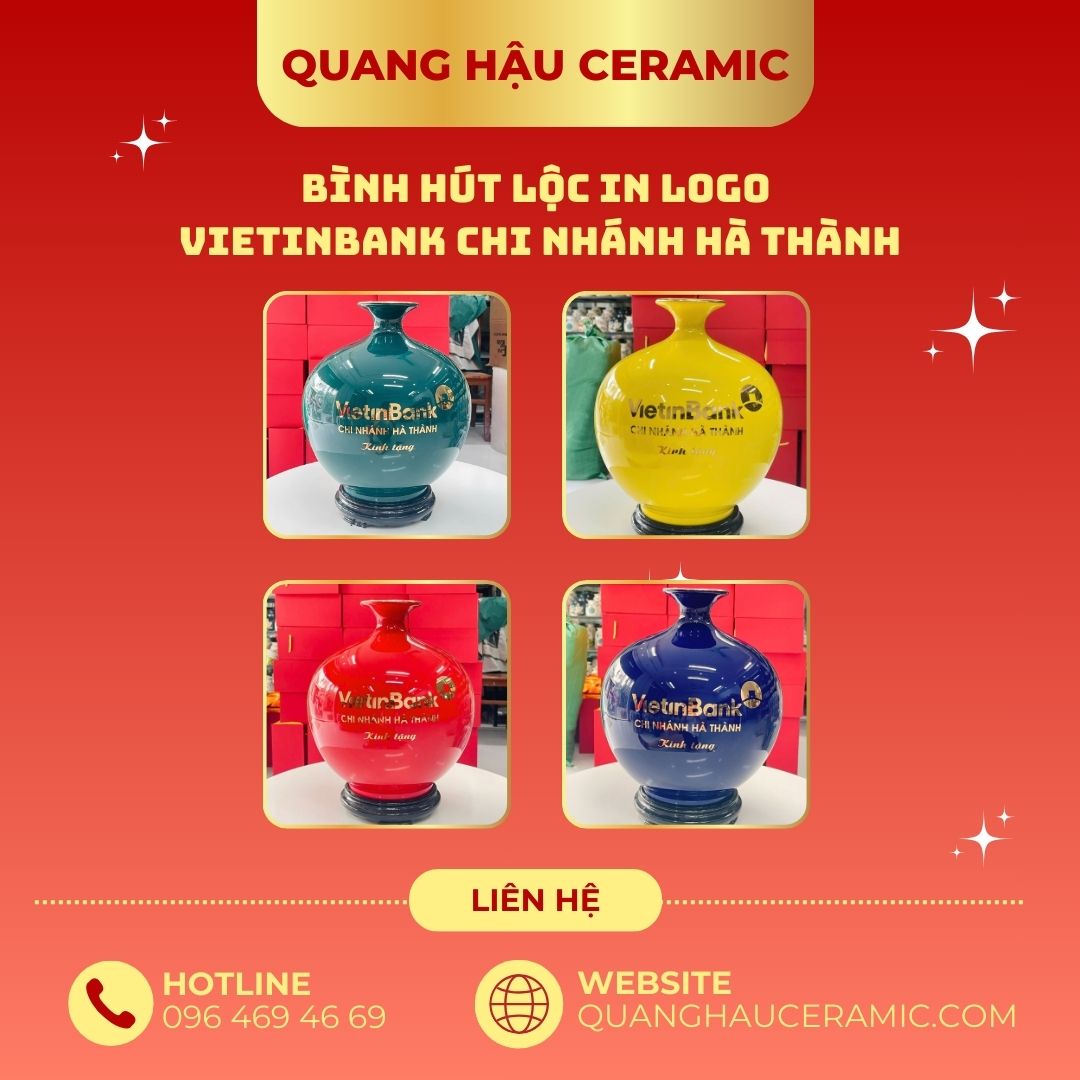Bộ 4 bình hút lộc in logo Vietinbank chi nhánh Hà Thành – men xanh coban, vàng bóng, đỏ bóng, ngọc lục bảo