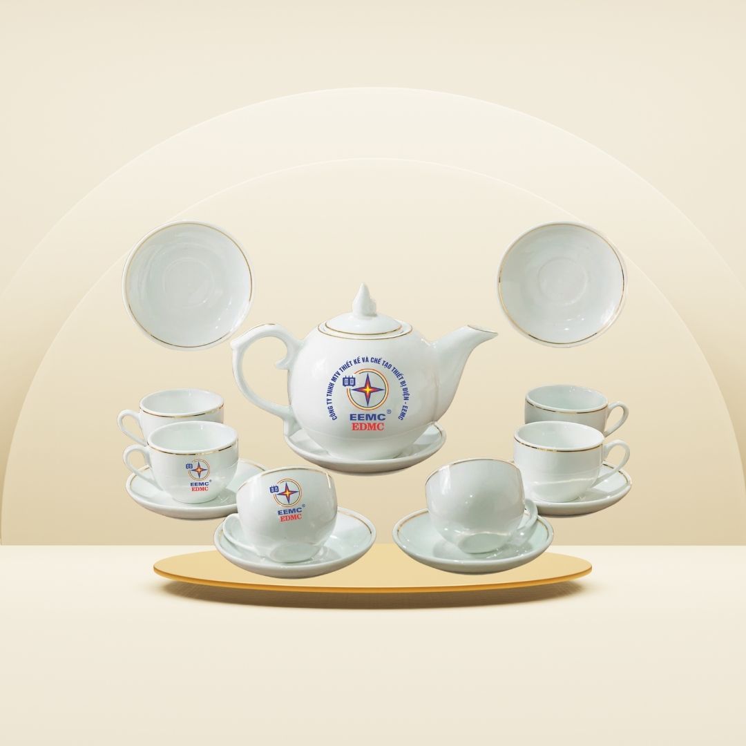 bộ ấm chén in logo EEMC men trắng bóng