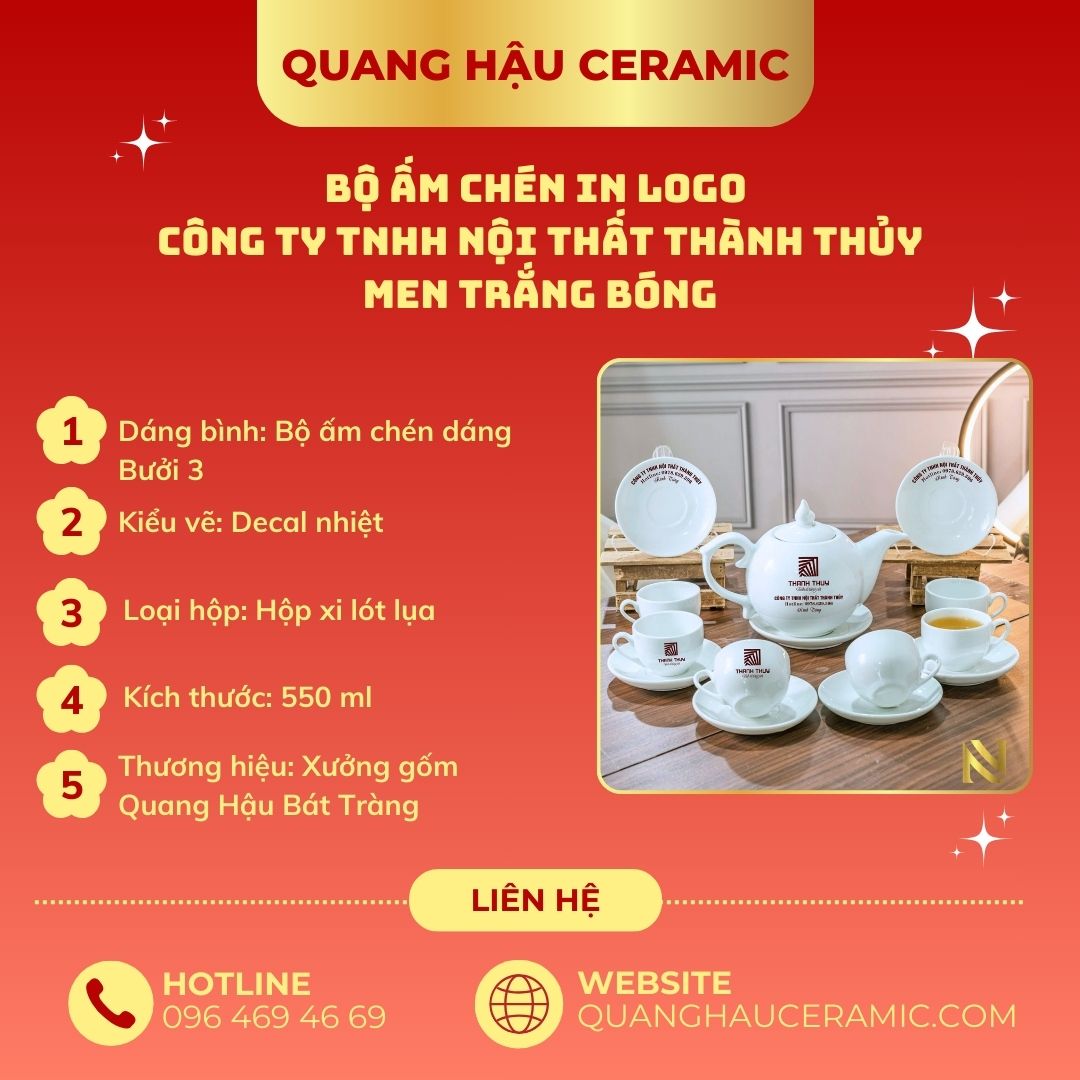 thông số kỹ thuật bộ ấm chén in logo Công ty TNHH nội thất Thành Thủy