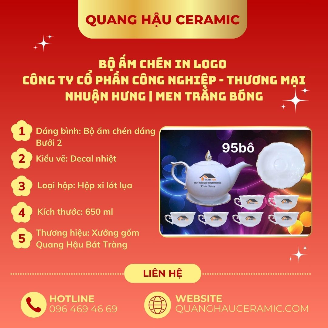 thông số kỹ thuật bộ ấm chén in logo Công ty Nhuận Hưng