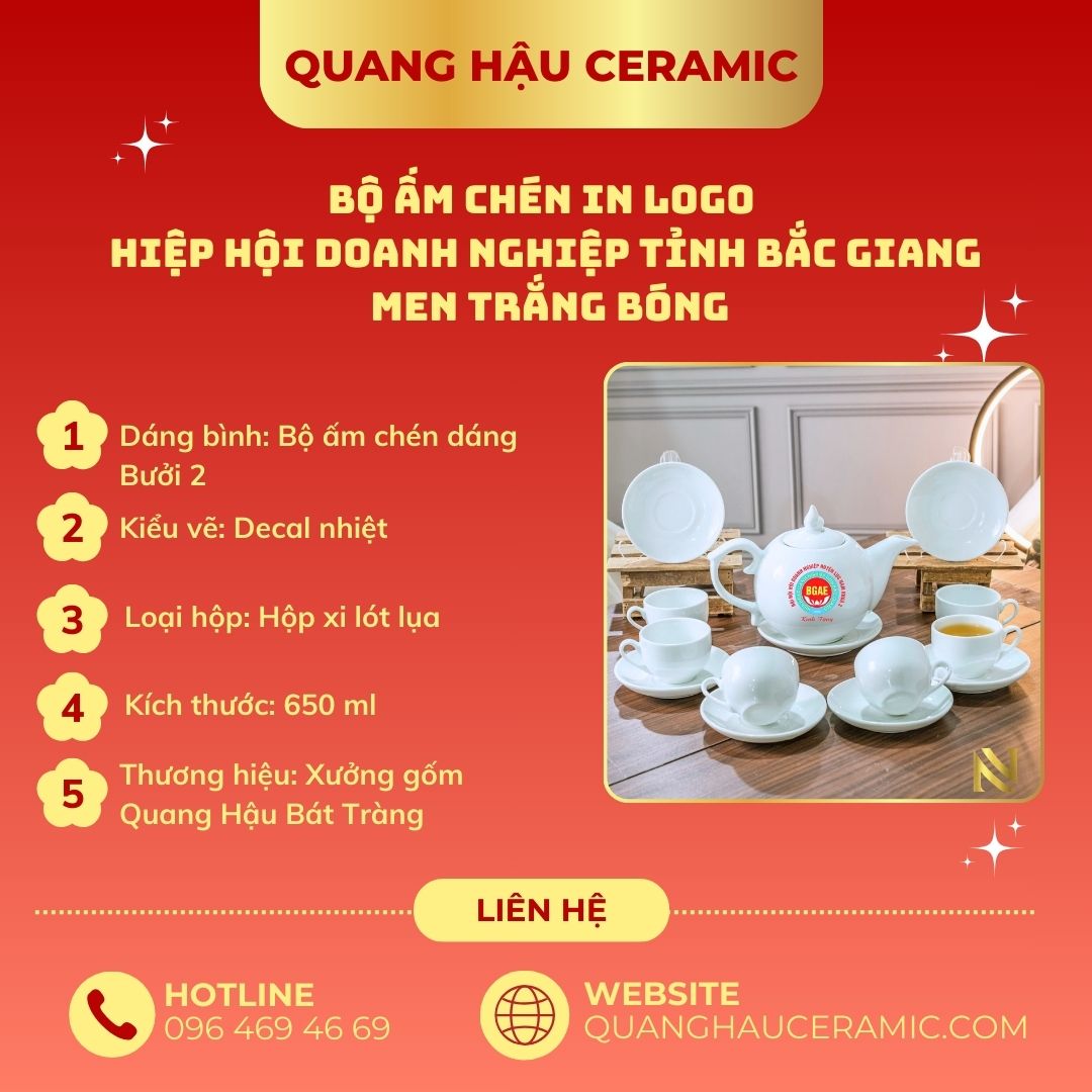 thông số kỹ thuật bộ ấm chén in logo Hiệp hội doanh nghiệp tỉnh Bắc Giang