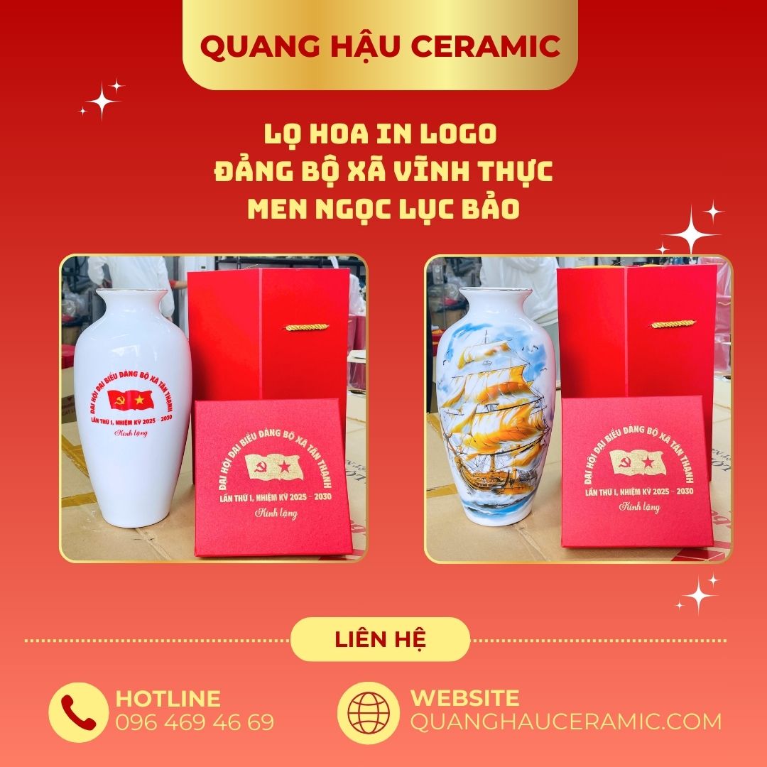 Lọ hoa in logo Đảng bộ xã Tân Thanh men trắng bóng 2 mặt logo và Thuận buồm xuôi gió