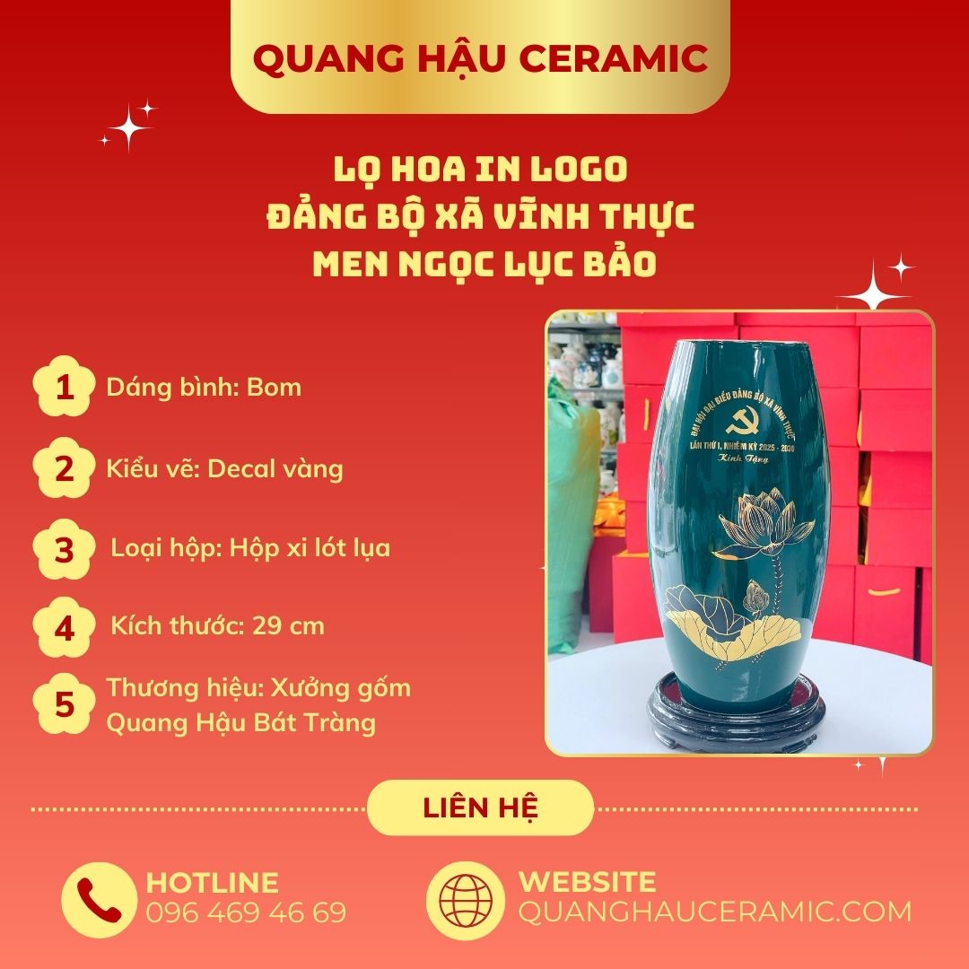 Thông số kỹ thuật lọ hoa Đảng bộ xã Vĩnh Thực men ngọc lục bảo