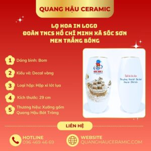 Bảng thông số kỹ thuật lọ hoa in logo Đoàn TNCS Hồ Chí Minh xã Sóc Sơn men trắng bóng