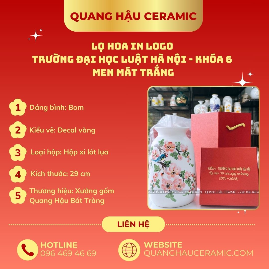 Thông số kỹ thuật lọ hoa in logo – mặt trước sản phẩm