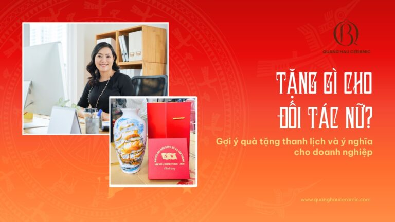 Quà tặng đối tác nữ – thiết kế hình minh họa doanh nhân và sản phẩm gốm sứ Quang Hậu Ceramic