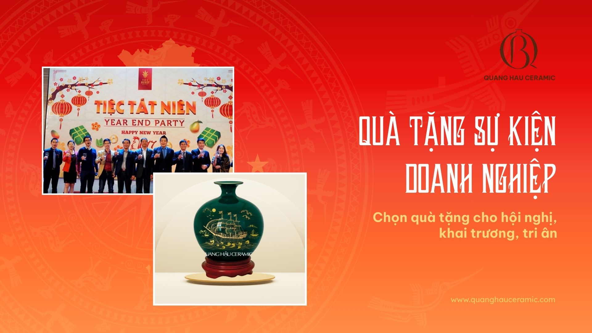 Quà tặng sự kiện doanh nghiệp bằng gốm sứ Bát Tràng Quang Hậu Ceramic, bình hút lộc và bộ ấm chén dùng làm quà hội nghị khai trương tri ân